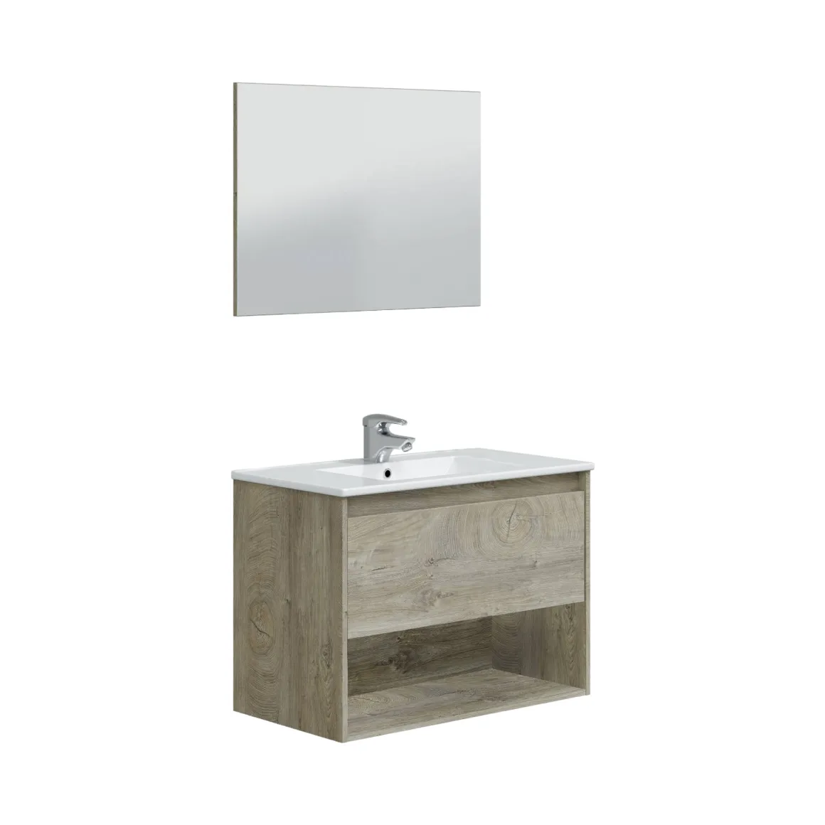 Mobile bagno sospeso con specchio 80x45x59h cm rovere e bianco - Akne