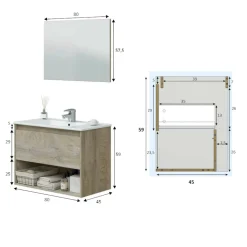 Mobile bagno sospeso con specchio 80x45x59h cm rovere e bianco - Akne