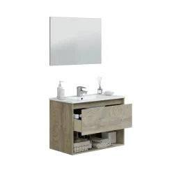 Mobile bagno sospeso con specchio 80x45x59h cm rovere e bianco - Akne