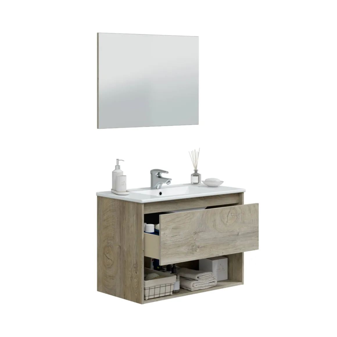 Mobile bagno sospeso con specchio 80x45x59h cm rovere e bianco - Akne