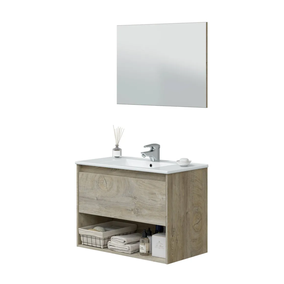 Mobile bagno sospeso con specchio 80x45x59h cm rovere e bianco - Akne