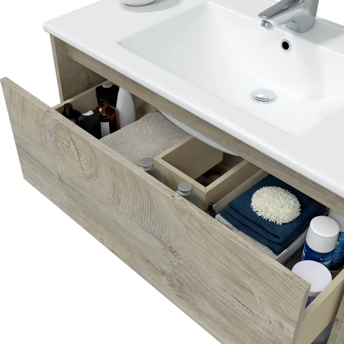 Mobile bagno sospeso con specchio 80x45x59h cm rovere e bianco - Akne