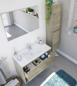 Mobile bagno sospeso con specchio 80x45x59h cm rovere e bianco - Akne