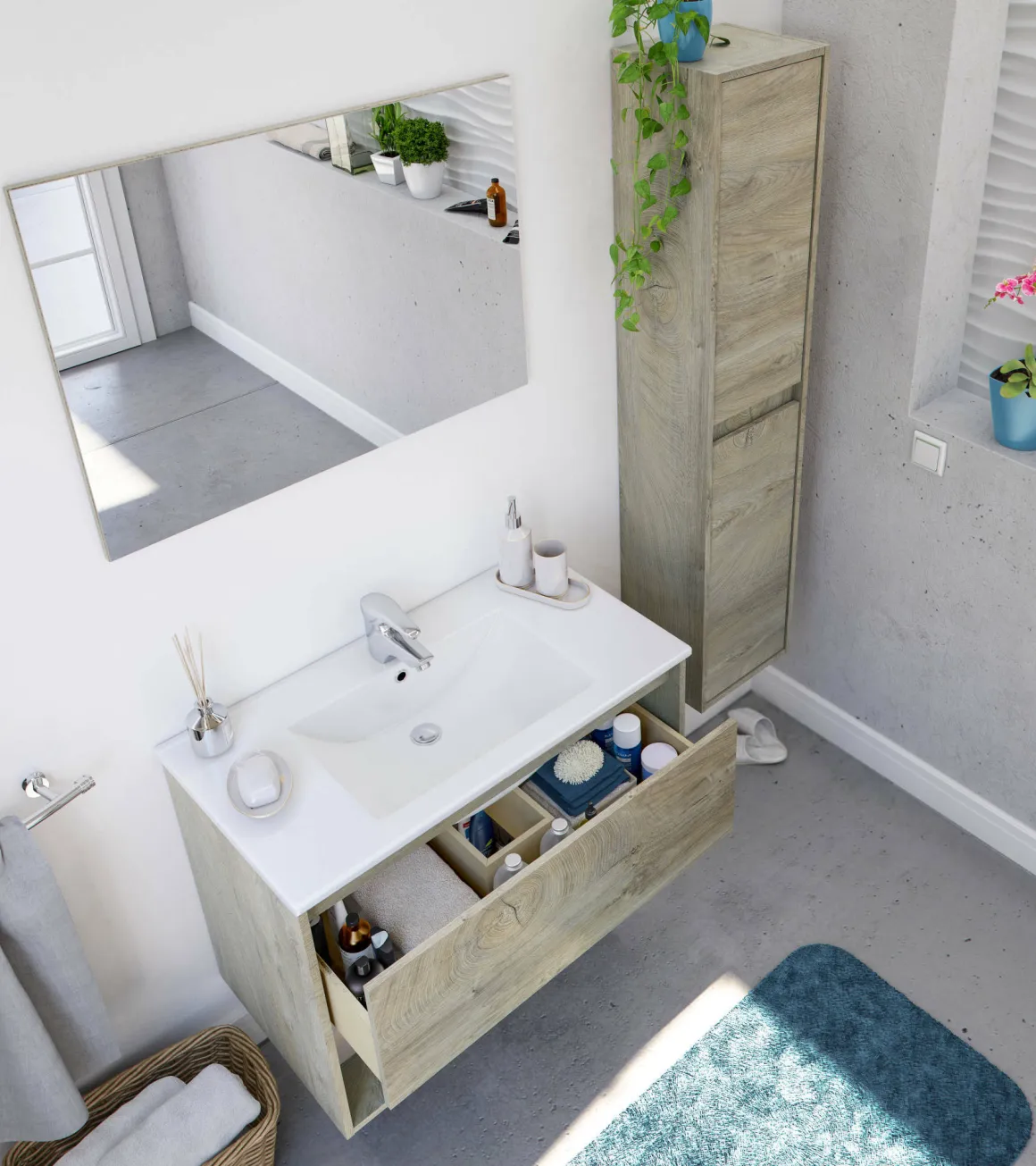 Mobile bagno sospeso con specchio 80x45x59h cm rovere e bianco - Akne