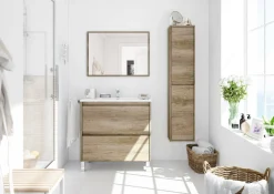 Mobile bagno sospeso con specchio 80x80x45h cm quercia - Alis