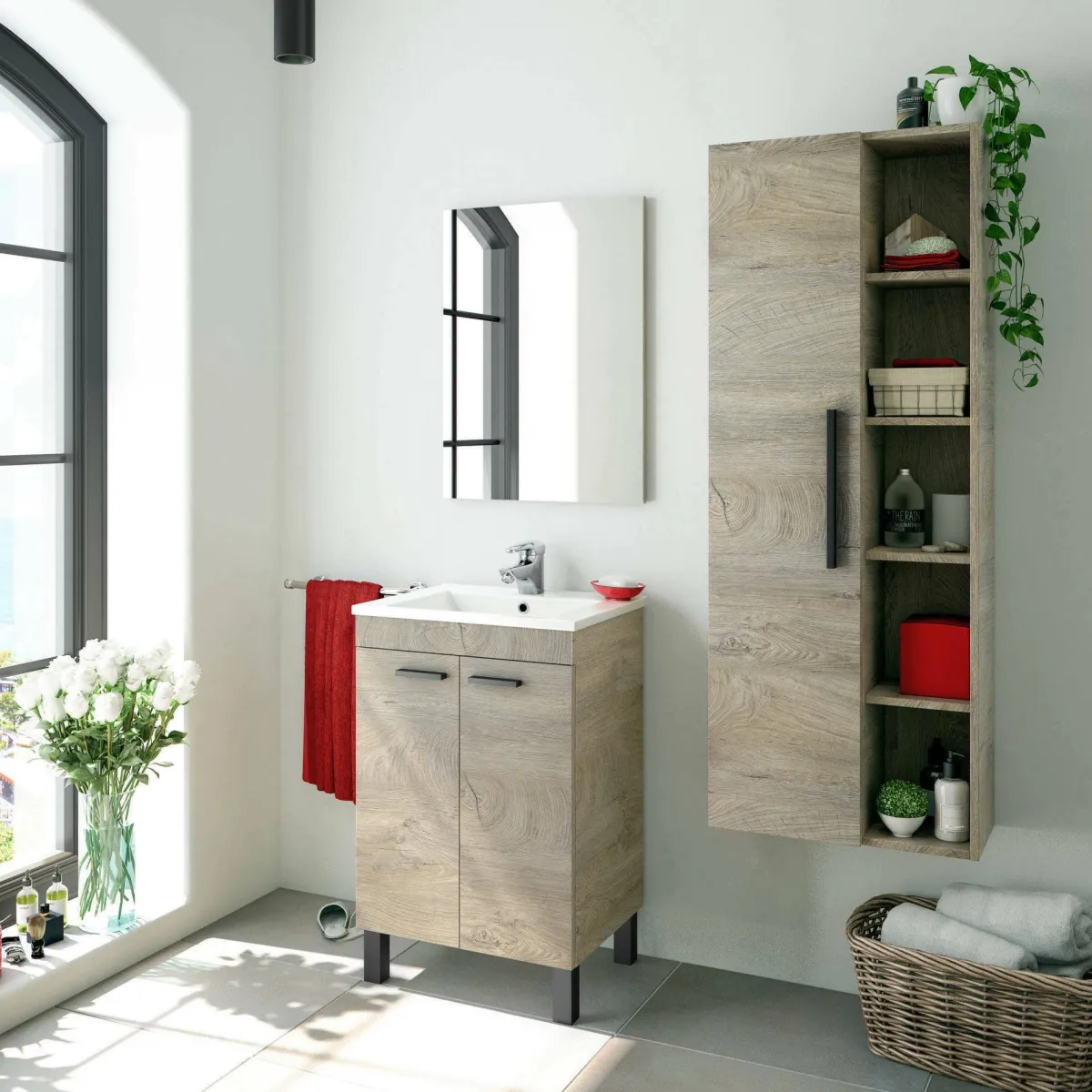 Mobili Colonna|Bagno > Dmora Mobile colonna bagno sospeso 51x135h cm rovere - Achisa Marrone Quercia