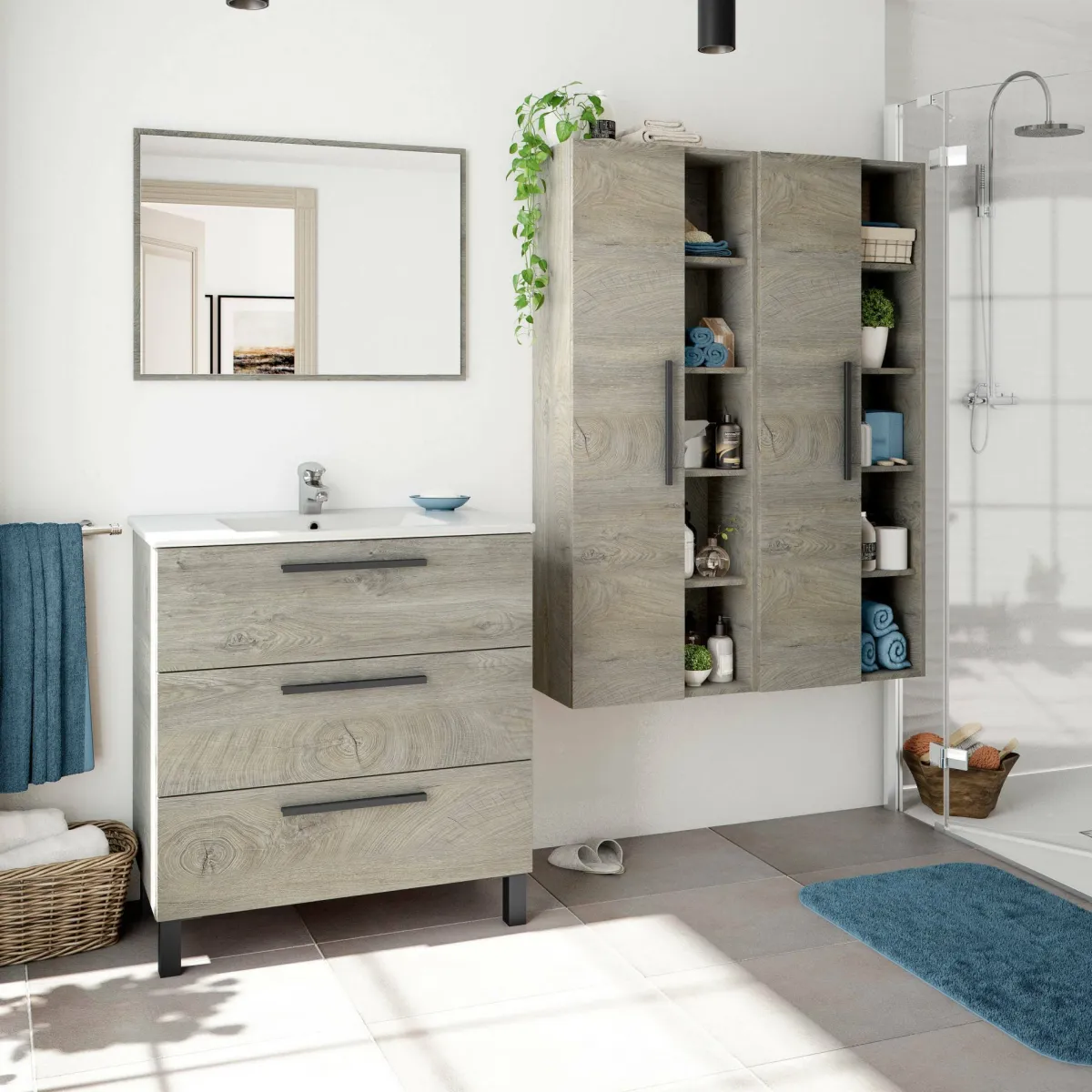 Mobili Colonna|Bagno > Dmora Mobile colonna bagno sospeso 51x135h cm rovere - Achisa Marrone Quercia