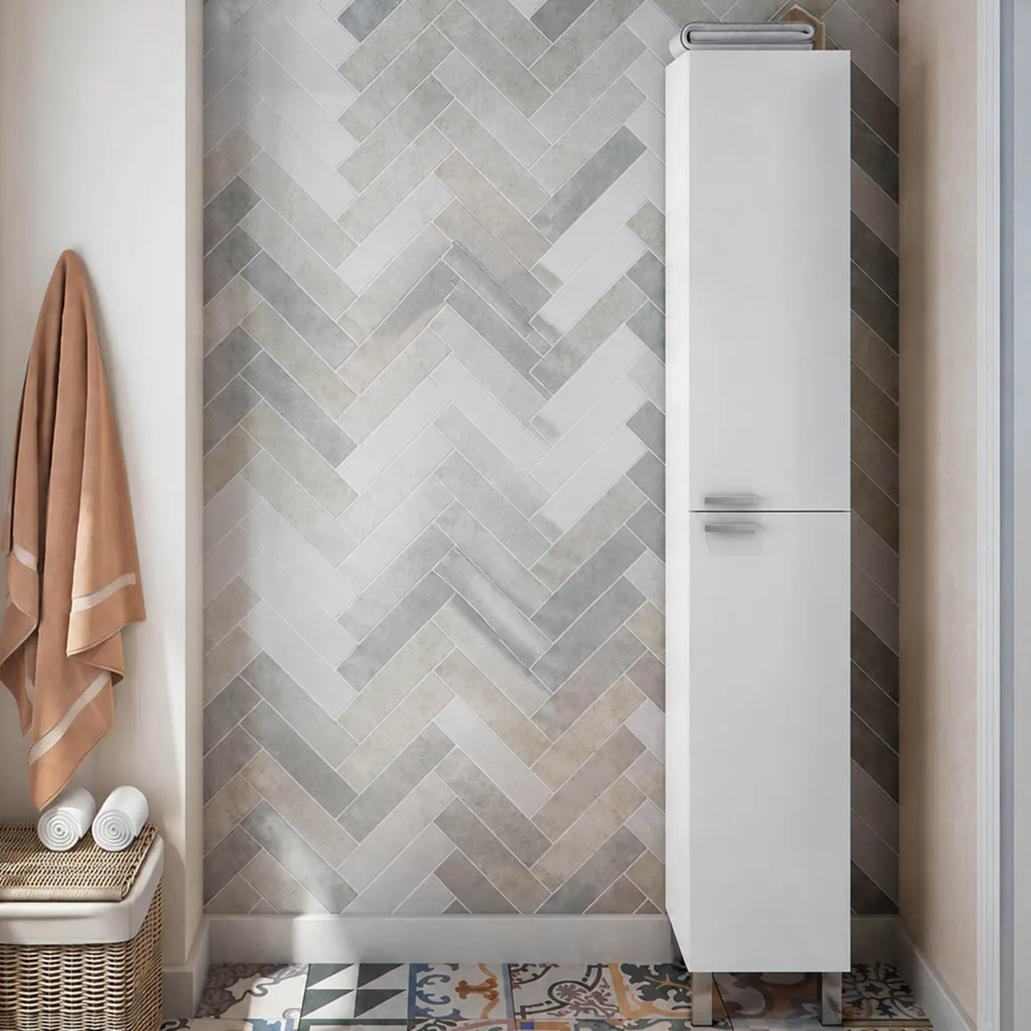 Mobili Colonna > Dmora Mobile Colonna Bianco Lucido Marrone Rovere 3 Ripiani 2 Ante 30x25x182h cm, Reversibile - Trogir Marrone Rovere, Bianco Lucido