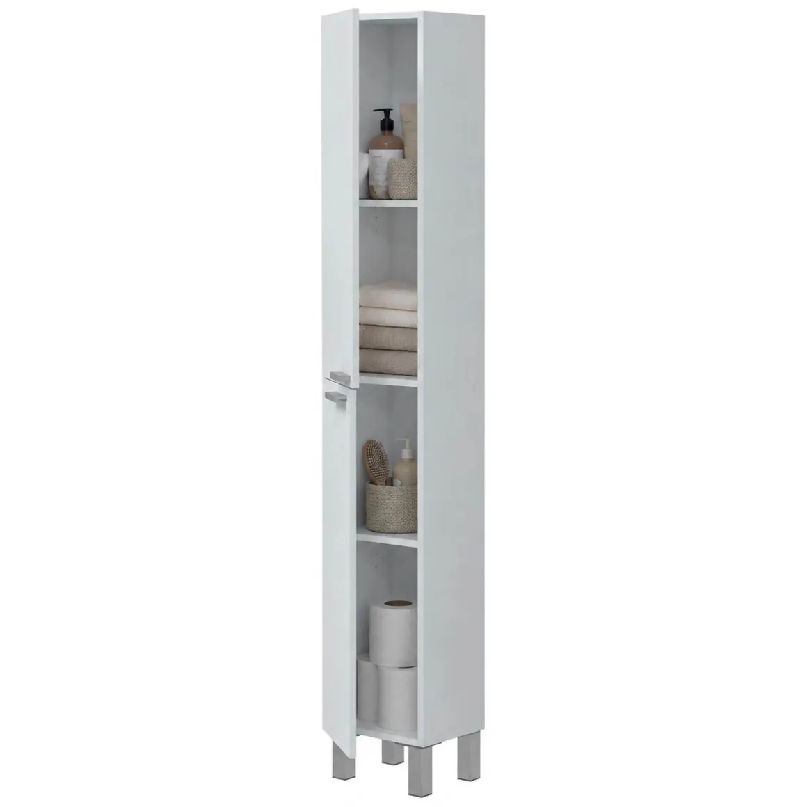 Mobili Colonna > Dmora Mobile Colonna Bianco Lucido Marrone Rovere 3 Ripiani 2 Ante 30x25x182h cm, Reversibile - Trogir Marrone Rovere, Bianco Lucido