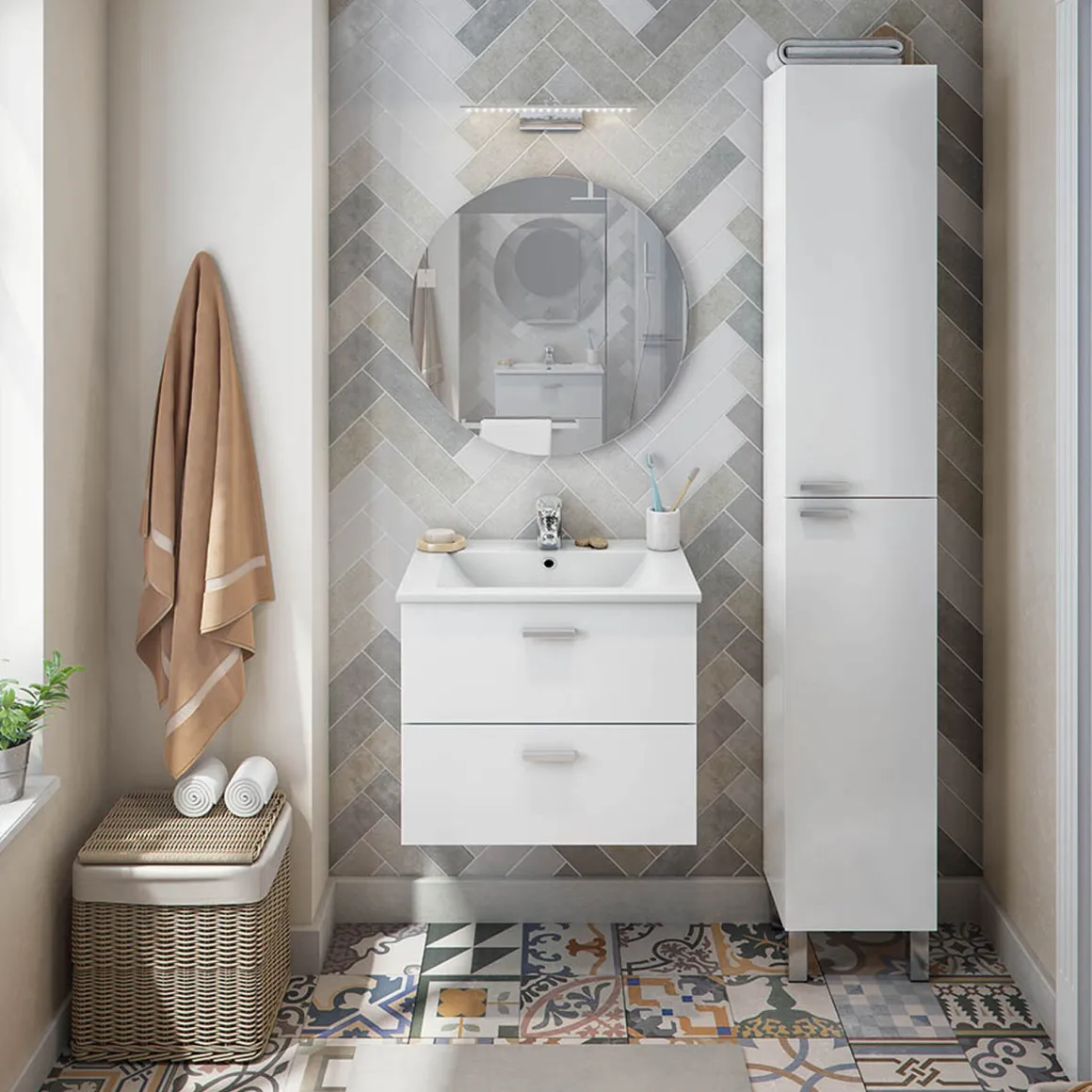 Mobili Colonna > Dmora Mobile Colonna Bianco Lucido Marrone Rovere 3 Ripiani 2 Ante 30x25x182h cm, Reversibile - Trogir Marrone Rovere, Bianco Lucido