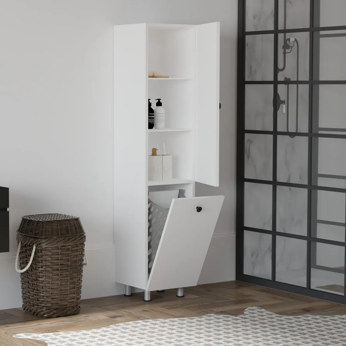 Mobile Colonna Bianco 2 Ripiani 2 Ante 35x32x155h cm, Portabiancheria - Cropani