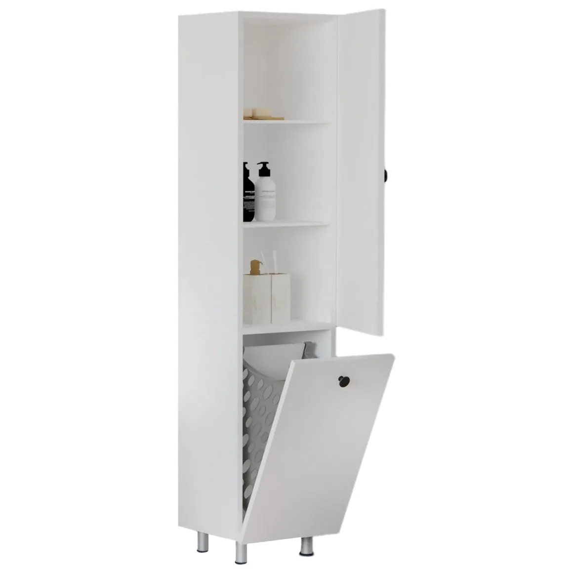 Mobile Colonna Bianco 2 Ripiani 2 Ante 35x32x155h cm, Portabiancheria - Cropani