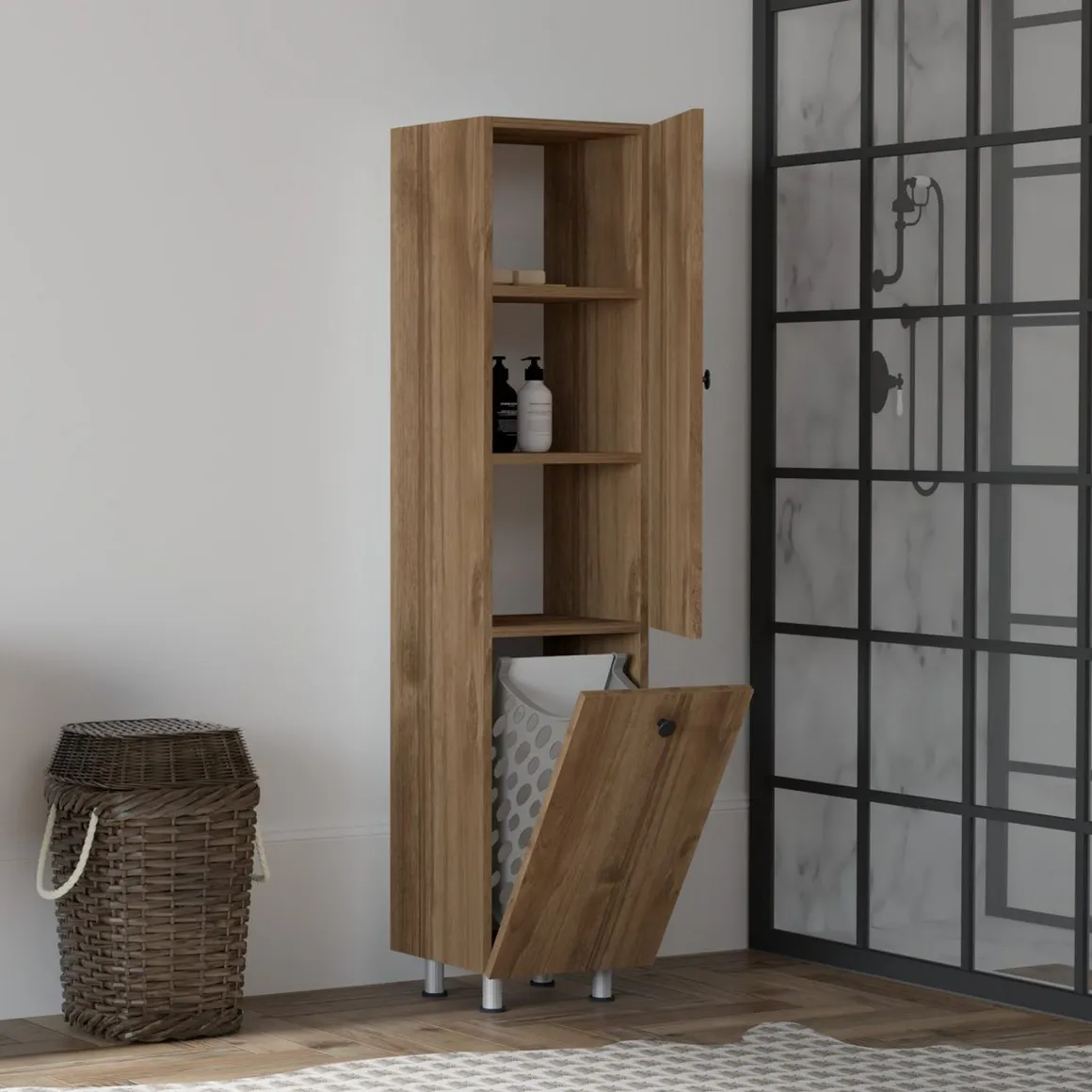 Mobili Colonna > Dmora Mobile Colonna 3 Ripiani Un'anta 30x30x170h cm, 5 Vani - Trivero Marrone Noce