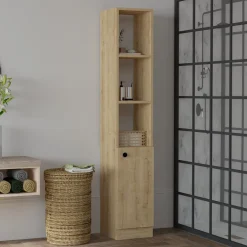 Mobile Colonna Marrone Rovere 3 Ripiani Un'anta 30x30x170h cm, 5 Vani - Leuca