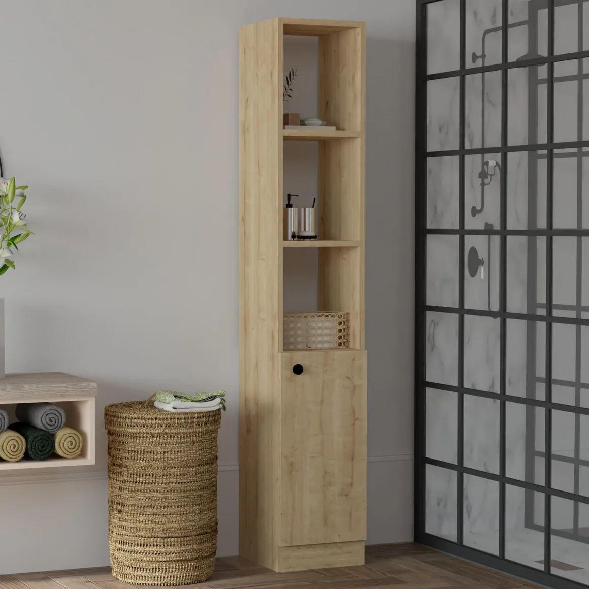 Mobili Colonna > Dmora Mobile Colonna 4 Ripiani 3 Ante 75x36x162h cm, 8 Vani - Fermana Marrone Rovere