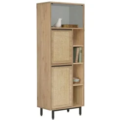 Mobile Colonna Marrone Rovere 7 Ripiani 2 Ante 60x36x162h cm, Ante Effetto Paglia di Vienna - Civate