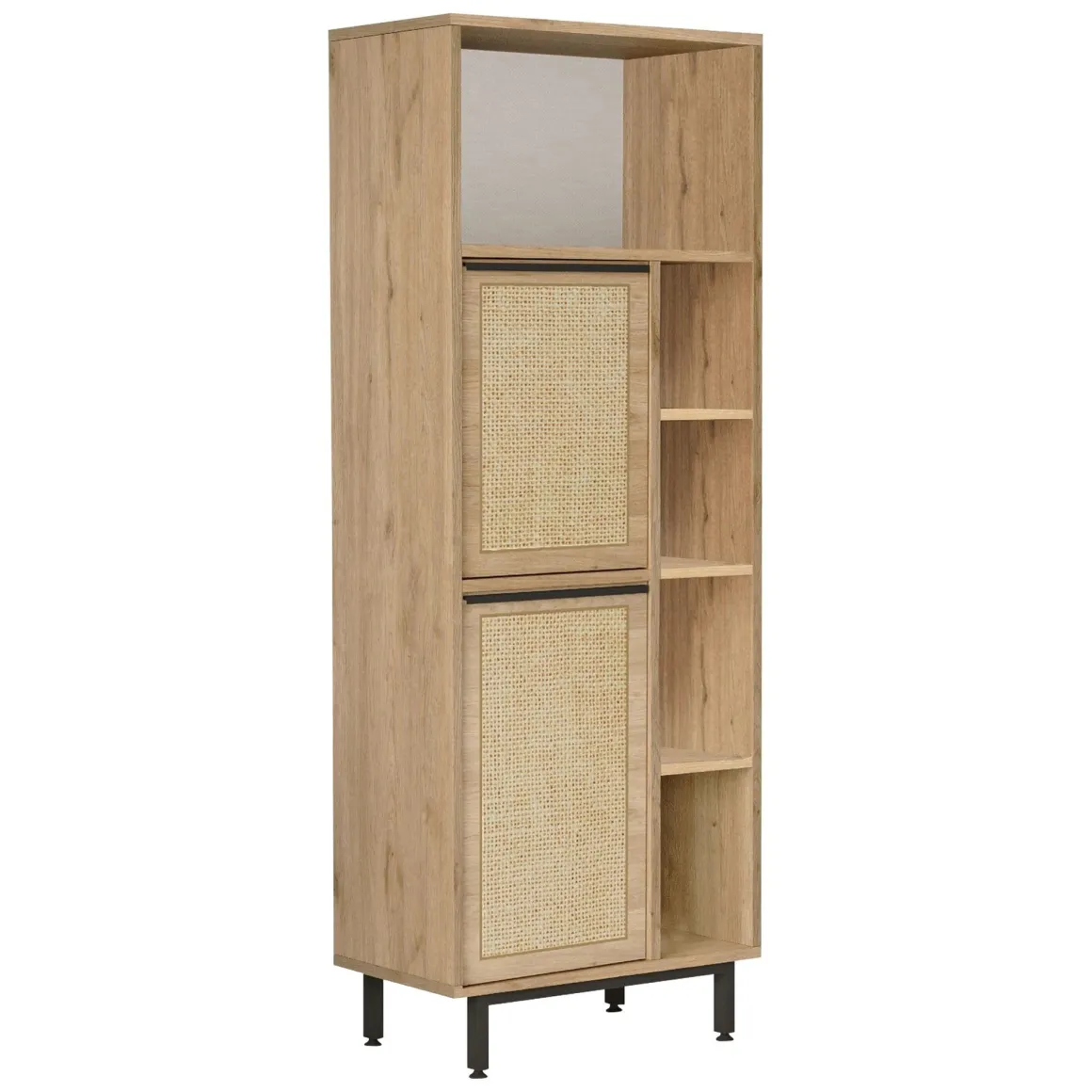 Mobile Colonna Marrone Rovere 7 Ripiani 2 Ante 60x36x162h cm, Ante Effetto Paglia di Vienna - Civate