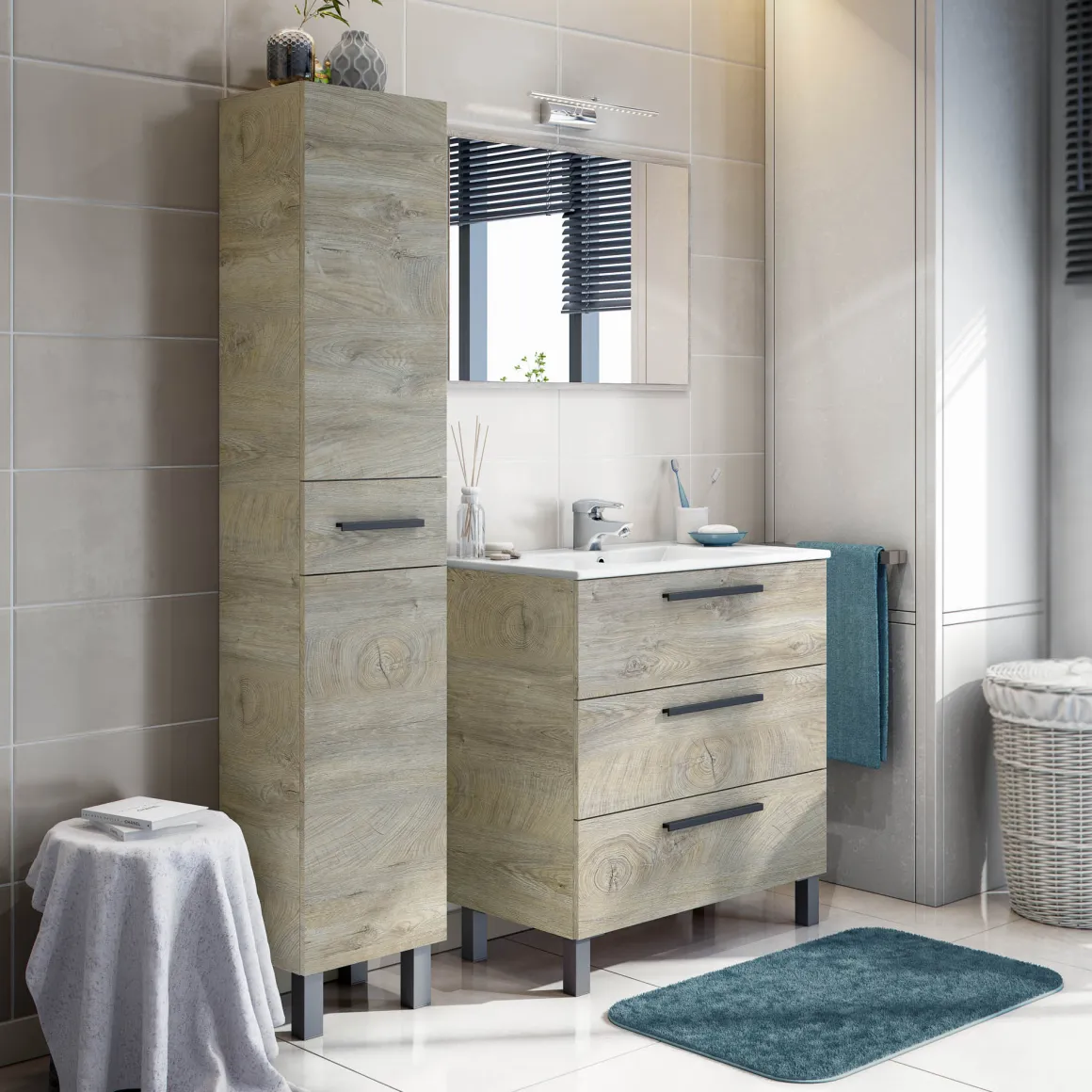 Mobile Colonna Marrone Rovere Grigio Nero Antracite un Cassetto 3 Ripiani 35x31x182h cm, 2 Ante - Alka