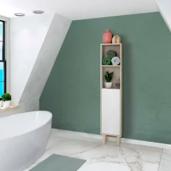 Mobili Colonna|Bagno > Dmora Mobile colonna 30x150h cm rovere e bianco lucido - Lazzarina Bianco Lucido, Marrone Rovere