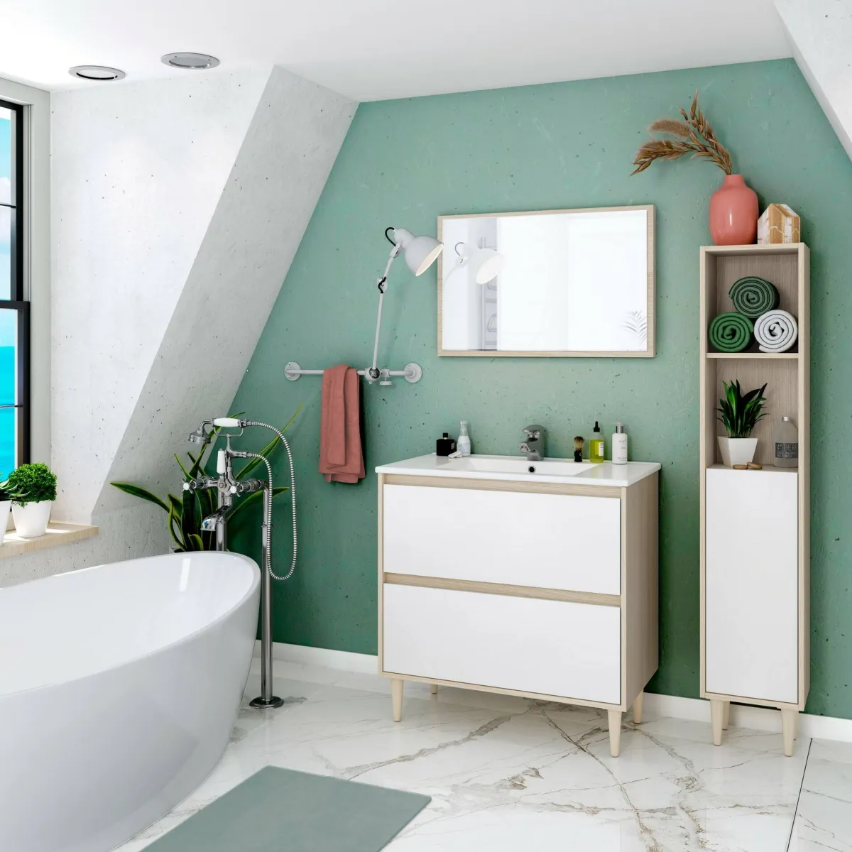 Mobili Colonna|Bagno > Dmora Mobile colonna 30x150h cm rovere e bianco lucido - Lazzarina Bianco Lucido, Marrone Rovere