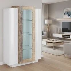 Vetrine|Cucina > Dmora Mobile con vetrina 3 ante salotto 80x38x121h cm bianco lucido e acero - Ablaze Marrone Acero, Bianco Lucido