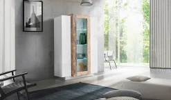 Vetrine|Cucina > Dmora Mobile con vetrina 3 ante salotto 80x38x121h cm bianco lucido e acero - Ablaze Marrone Acero, Bianco Lucido