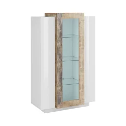 Vetrine|Cucina > Dmora Mobile con vetrina 3 ante salotto 80x38x121h cm bianco lucido e acero - Ablaze Marrone Acero, Bianco Lucido