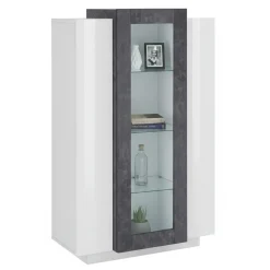 Vetrine|Cucina > Dmora Mobile con vetrina da soggiorno 3 ante 80x38x121h cm bianco lucido e ardesia - Ablaze Grigio Ardesia, Bianco Lucido