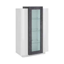 Vetrine|Cucina > Dmora Mobile con vetrina da soggiorno 3 ante 80x38x121h cm bianco lucido e ardesia - Ablaze Grigio Ardesia, Bianco Lucido