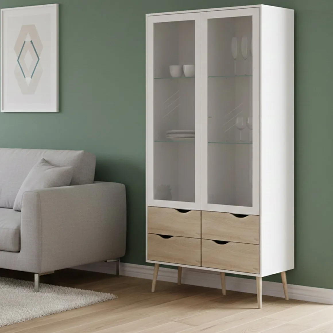 Mobile con vetrina scandi 2 ante 98x39x200h cm bianco e quercia - Amedeo