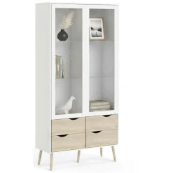 Mobile con vetrina scandi 2 ante 98x39x200h cm bianco e quercia - Amedeo
