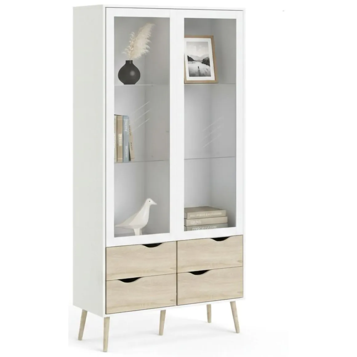 Mobile con vetrina scandi 2 ante 98x39x200h cm bianco e quercia - Amedeo