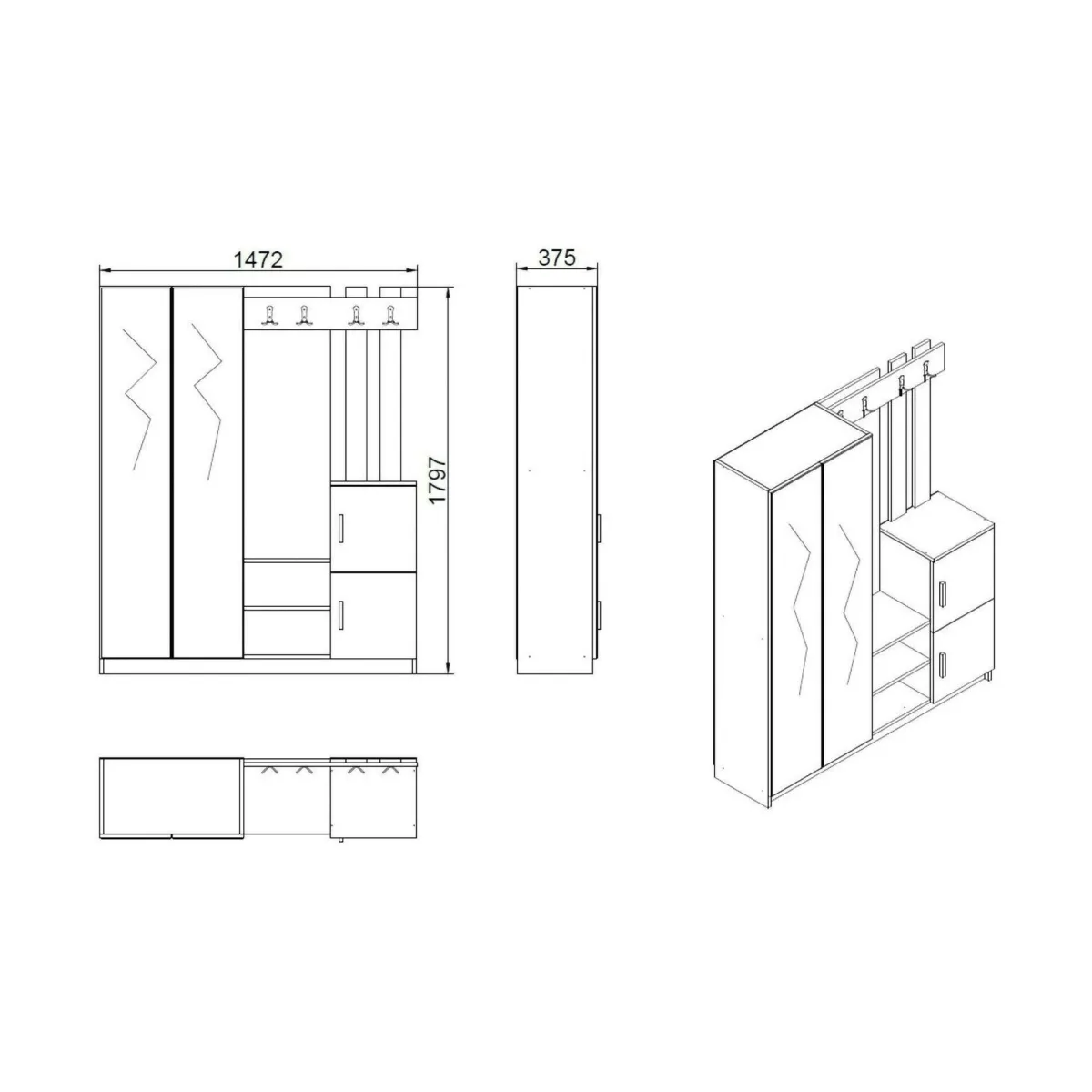 Mobili Da Ingresso|Ingresso > Dmora Mobile da ingresso 3 ante con specchio quercia e antracite 147x179h cm - Arcibaldo Nero Antracite, Marrone Quercia