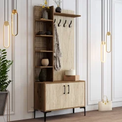 Mobili Da Ingresso > Dmora Mobile da Ingresso Beige Marmo Marrone Noce Appendiabiti 7 Ripiani 90x35x200h cm, Apertura Battente - Loceri Marrone Noce, Beige Marmo