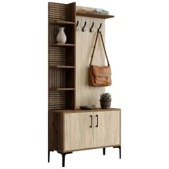 Mobili Da Ingresso > Dmora Mobile da Ingresso Beige Marmo Marrone Noce Appendiabiti 7 Ripiani 90x35x200h cm, Apertura Battente - Loceri Marrone Noce, Beige Marmo