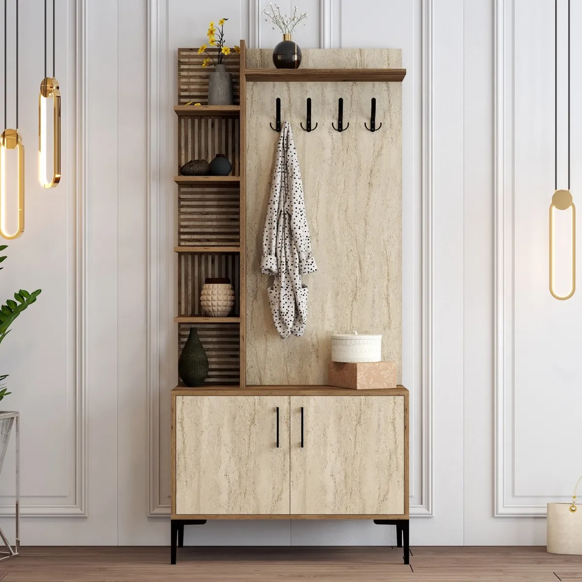 Mobili Da Ingresso > Dmora Mobile da Ingresso Beige Marmo Marrone Noce Appendiabiti 7 Ripiani 90x35x200h cm, Apertura Battente - Loceri Marrone Noce, Beige Marmo