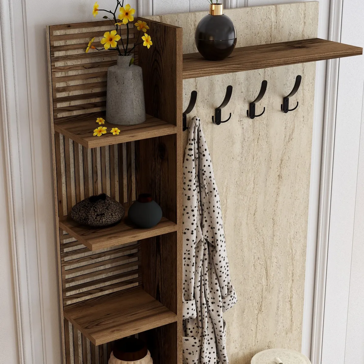 Mobili Da Ingresso > Dmora Mobile da Ingresso Beige Marmo Marrone Noce Appendiabiti 7 Ripiani 90x35x200h cm, Apertura Battente - Loceri Marrone Noce, Beige Marmo