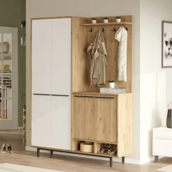 Mobile da Ingresso Beige Marrone Rovere Appendiabiti 12 Ripiani 147x36x196h cm, Apertura Battente - Tignale