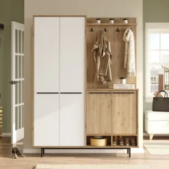 Mobile da Ingresso Beige Marrone Rovere Appendiabiti 12 Ripiani 147x36x196h cm, Apertura Battente - Tignale