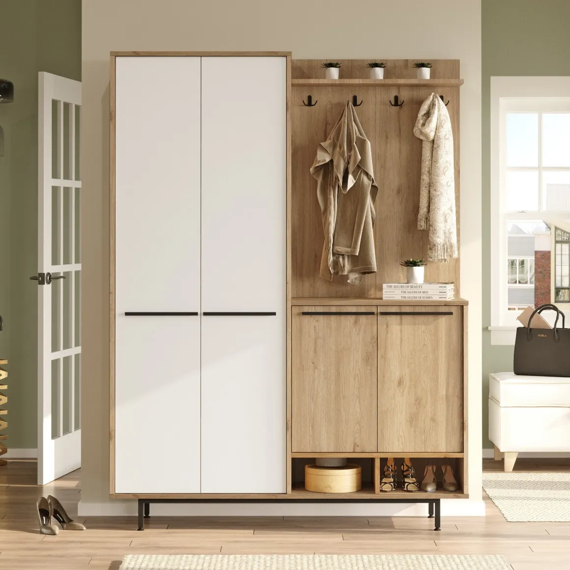 Mobile da Ingresso Beige Marrone Rovere Appendiabiti 12 Ripiani 147x36x196h cm, Apertura Battente - Tignale