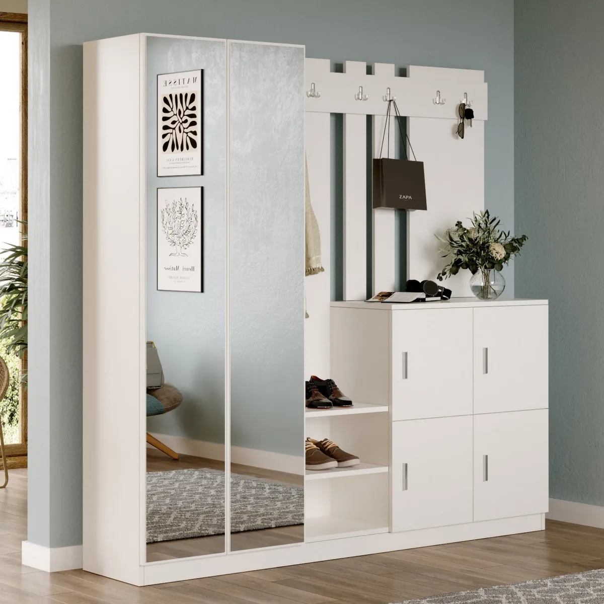 Mobili Da Ingresso > Dmora Mobile da Ingresso Specchio Incluso Appendiabiti 187x38x180h cm, 9 Ripiani - Noviglio Beige