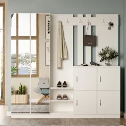 Mobili Da Ingresso > Dmora Mobile da Ingresso Specchio Incluso Appendiabiti 187x38x180h cm, 9 Ripiani - Noviglio Beige