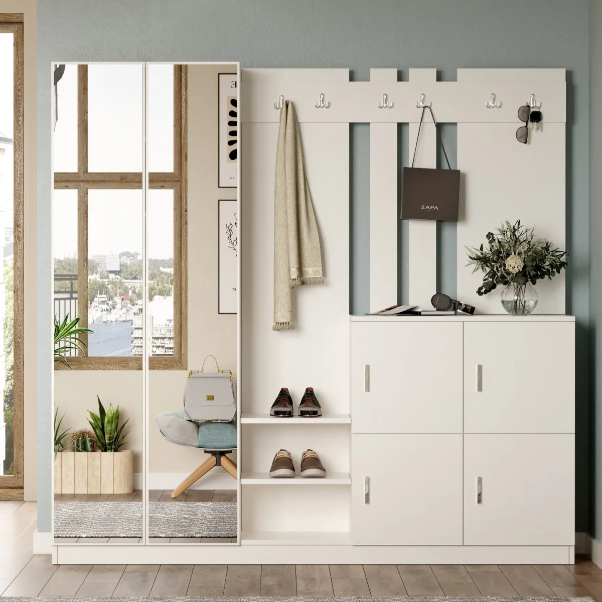 Mobili Da Ingresso > Dmora Mobile da Ingresso Specchio Incluso Appendiabiti 187x38x180h cm, 9 Ripiani - Noviglio Beige