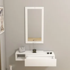 Mobile da Ingresso Bianco Beige Specchio Incluso un Cassetto 82x30x16h cm, un Ripiano - Ingria