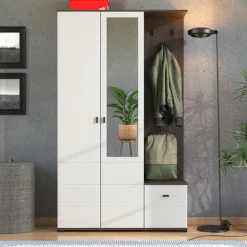 Mobile da Ingresso Bianco Crema Marrone Noce Specchio Incluso 4 Ripiani 116x35x197h cm, Appendiabiti - Raroto