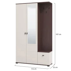 Mobile da Ingresso Bianco Crema Marrone Noce Specchio Incluso 4 Ripiani 116x35x197h cm, Appendiabiti - Raroto