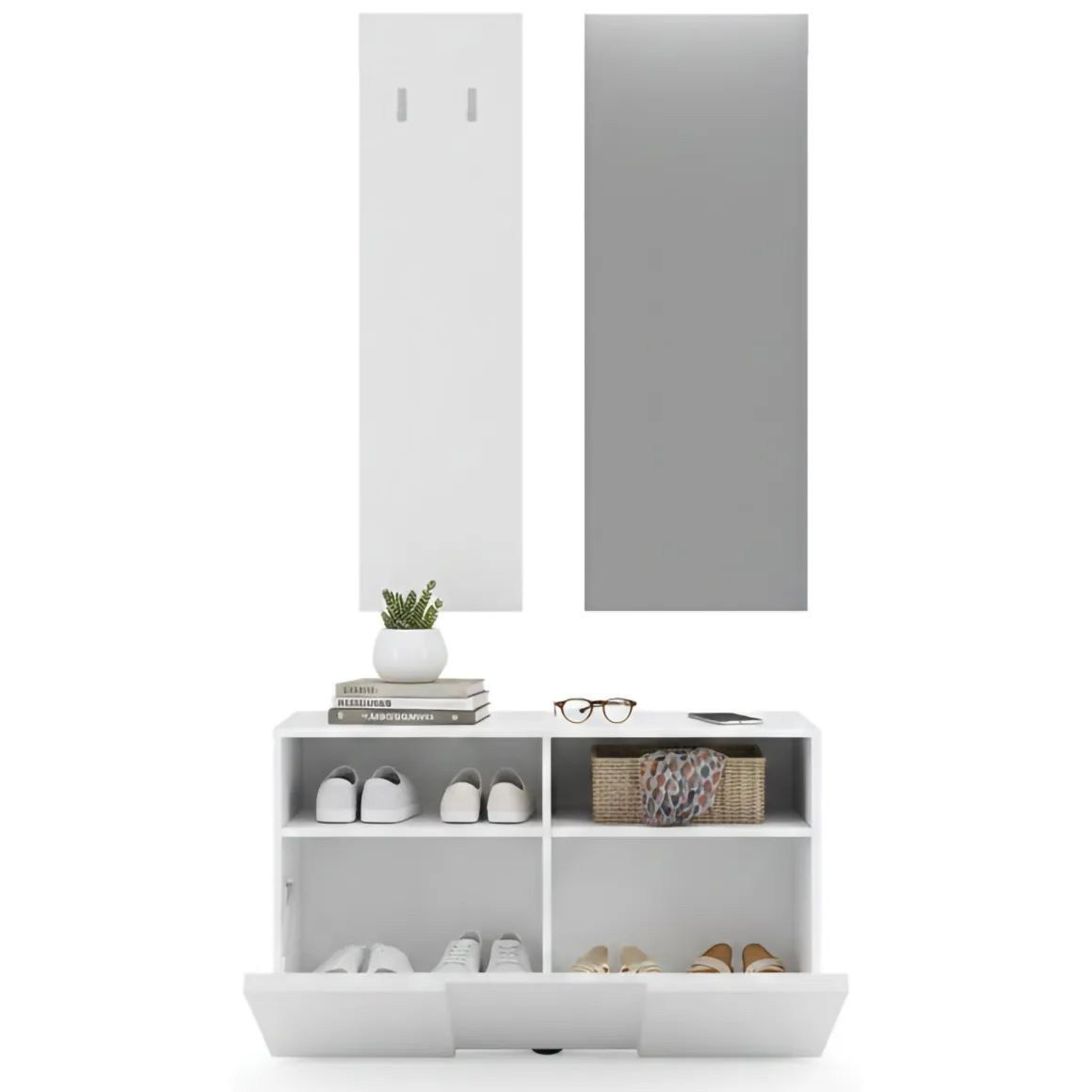 Mobile da Ingresso Bianco Fantasia Specchio Incluso 4 Paia 91x36x165h cm, 2 Ripiani - Riano