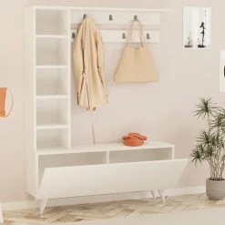 Mobili Da Ingresso > Dmora Mobile da Ingresso Bianco Grigio Appendiabiti 6 Ripiani 120x32x162h cm, Apertura a Ribalta - Gordona Grigio, Bianco