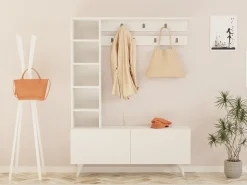 Mobili Da Ingresso > Dmora Mobile da Ingresso Bianco Grigio Appendiabiti 6 Ripiani 120x32x162h cm, Apertura a Ribalta - Gordona Grigio, Bianco
