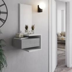 Mobile da Ingresso Bianco Grigio Cemento Specchio Incluso un Cassetto 43x32x90h cm, Installazione Sospesa - Tesero